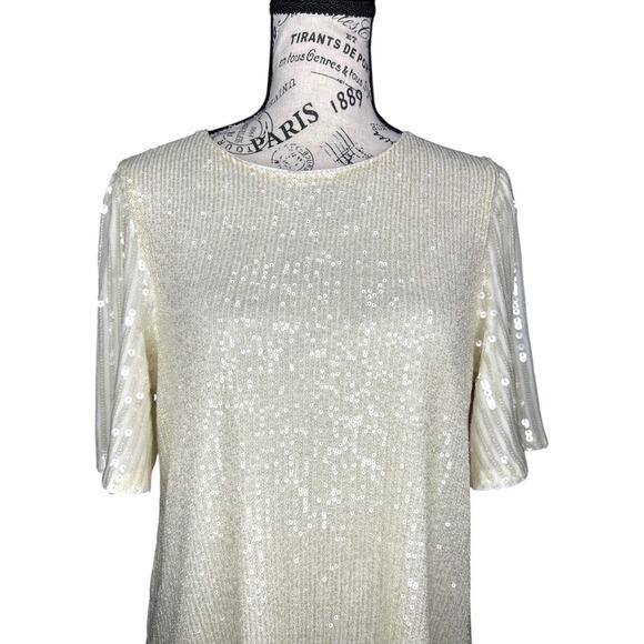 Cable & Gauge (L) Whisper Cream Sequin Sparkly Flutter Sleeve Back Keyhole Top - Picture 7 of 13